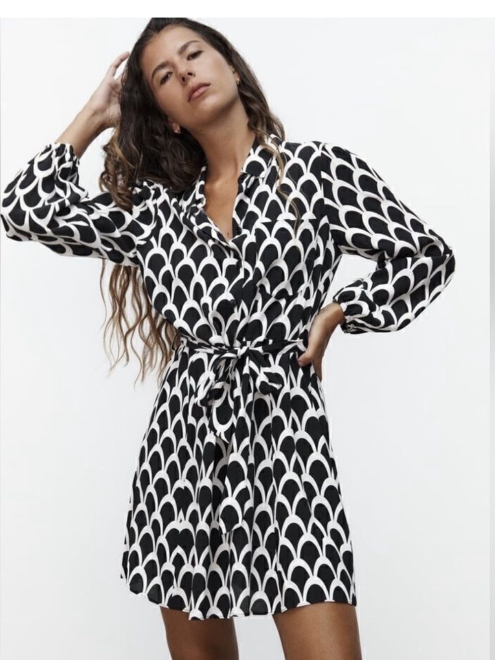 Zara Black and White Geometric Tie-Waist Mini Dress - Picture 2 of 7